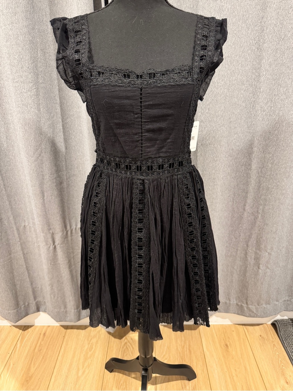 NWT Free People Black Lace-Trim Square Neck Sundress